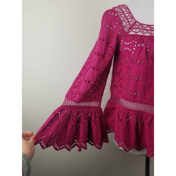 NEW $310 TRYB Women Top Peasant Lace Embroidered Lace Tassel Bell Sleeve - Picture 8 of 8